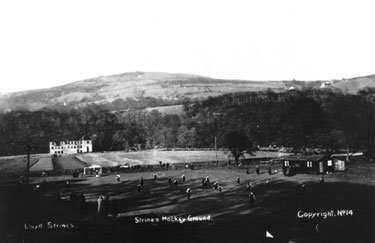 Strines Hockey Ground. Shows ruins of Woodend Works. Looking N. The wall across middle of picture is B6101.