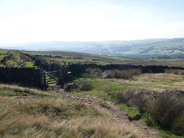Track 144 running S on Beard Moor on W side of Chinley Churn. Gate at boundary of New Mills and Chinley.